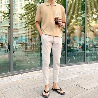 Grey Chinos Outfits: Fashionable and practical, this relaxed combination of a tan polo and grey chinos will provide you with amazing styling opportunities. A pair of black leather flip flops will effortlessly play down an all-too-perfect getup.