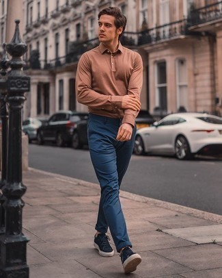 Beige Polo Neck Sweater Outfits For Men: A beige polo neck sweater and navy chinos are among the key elements of a well-balanced wardrobe. Why not complement your outfit with a pair of navy suede low top sneakers for an air of stylish casualness?