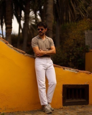 Tan Polo Outfits For Men: A tan polo and white chinos will give off this casually cool vibe. And if you want to effortlessly play down this outfit with a pair of shoes, introduce tan athletic shoes to the mix.