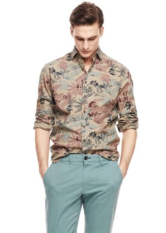 Men's Tan Print Long Sleeve Shirt, Light Blue Chinos