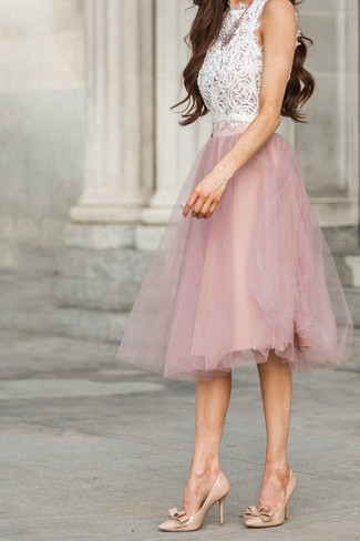 Women's Pink Pearl Necklace, Tan Leather Pumps, Pink Tulle Full Skirt, White Lace Cropped Top