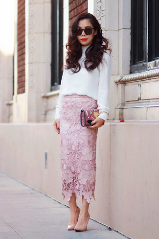 Pink Lace Midi Skirt Outfits: 