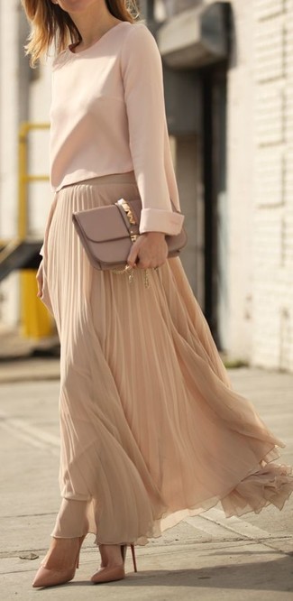Tan Pleated Maxi Skirt Outfits: 