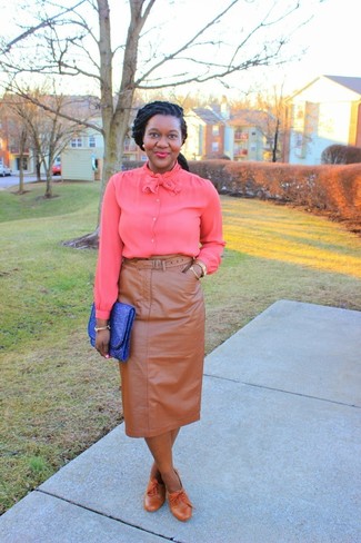 Women's Blue Leather Clutch, Tan Leather Pumps, Tan Leather Pencil Skirt, Hot Pink Button Down Blouse