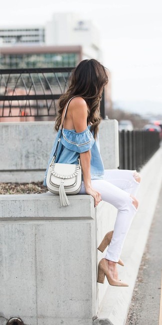 Women's White Leather Crossbody Bag, Tan Suede Pumps, White Ripped Jeans, Light Blue Off Shoulder Top