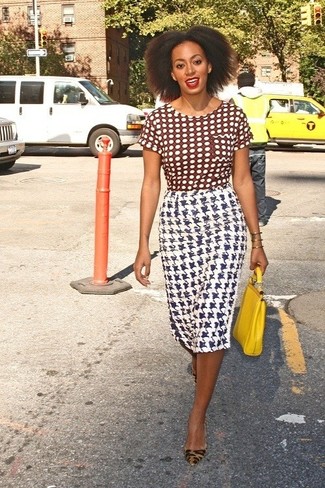 White and Black Houndstooth Pencil Skirt Outfits: 