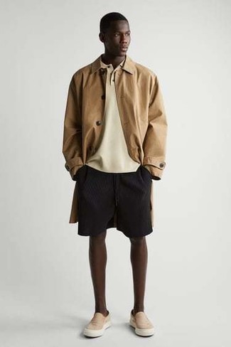Beige Canvas Slip-on Sneakers Outfits For Men: Go for a tan raincoat and black shorts for a day-to-day ensemble that's full of style and character. Complement your look with beige canvas slip-on sneakers and the whole look will come together brilliantly.