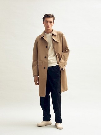 Beige Canvas Low Top Sneakers Outfits For Men: A tan raincoat and navy chinos are amazing menswear staples that will integrate well within your day-to-day styling rotation. Our favorite of a multitude of ways to finish this getup is a pair of beige canvas low top sneakers.