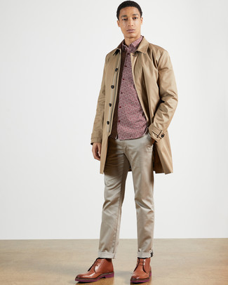 Men's Tan Raincoat, Burgundy Print Short Sleeve Shirt, Beige Chinos, Brown Leather Desert Boots