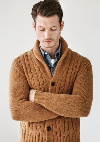 Beige Shawl Cardigan Outfits For Men: Go for a beige shawl cardigan and a blue chambray long sleeve shirt and you'll put together a proper and sophisticated menswear style.