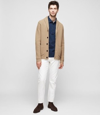 Men's Tan Shawl Cardigan, Navy Polo, White Chinos, Dark Brown Suede Chelsea Boots