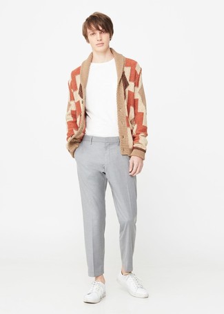 Tan Geometric Shawl Cardigan Outfits For Men: Pair a tan geometric shawl cardigan with grey dress pants if you're aiming for a proper, stylish look. A pair of white leather low top sneakers brings a more laid-back aesthetic to the outfit.