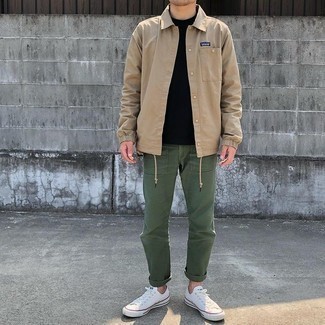 Men's Tan Shirt Jacket, Black Crew-neck T-shirt, Olive Chinos, White Canvas Low Top Sneakers