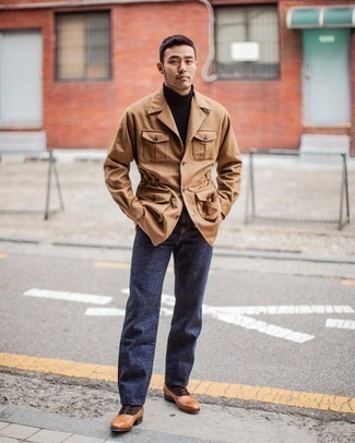 Tobacco Leather Oxford Shoes Outfits: For a casually stylish ensemble, try pairing a tan shirt jacket with navy jeans — these two items work nicely together. If you need to effortlessly bump up this ensemble with one item, add a pair of tobacco leather oxford shoes to the equation.