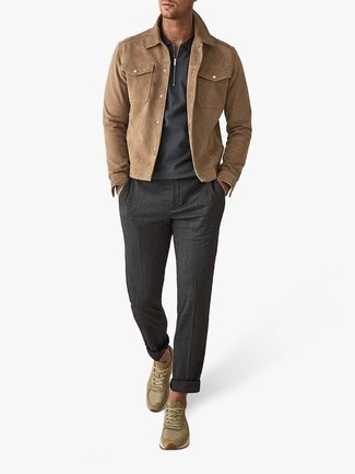 Tan Suede Shirt Jacket Outfits For Men: The pairing of a tan suede shirt jacket and charcoal chinos makes for a really well-executed look. A pair of olive athletic shoes instantly ups the appeal of this outfit.