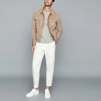 Men's Tan Suede Shirt Jacket, Grey Crew-neck T-shirt, White Chinos, White Canvas Low Top Sneakers
