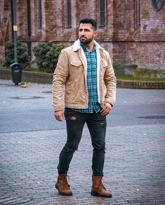 Charcoal Ripped Jeans Outfits For Men: Teaming a tan corduroy shirt jacket with charcoal ripped jeans is an awesome choice for a casually stylish look. And if you need to effortlessly lift up this ensemble with footwear, complete this outfit with a pair of brown leather casual boots.