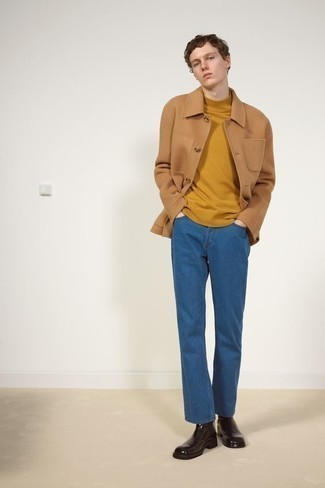 Men's Tan Wool Shirt Jacket, Mustard Turtleneck, Blue Jeans, Dark Brown Leather Chelsea Boots