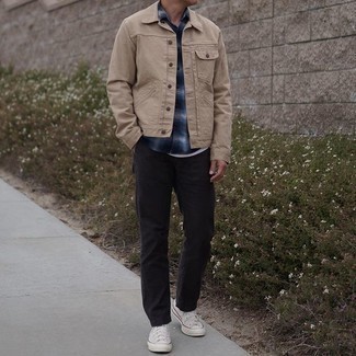 Men's Tan Shirt Jacket, Navy and White Plaid Short Sleeve Shirt, Black Chinos, White Canvas Low Top Sneakers