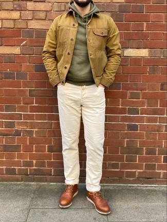 Men's Tan Shirt Jacket, Olive Hoodie, White Jeans, Brown Leather Desert Boots