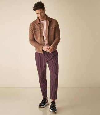 Men's Tan Suede Shirt Jacket, Pink Crew-neck T-shirt, Burgundy Vertical Striped Chinos, Multi colored Athletic Shoes