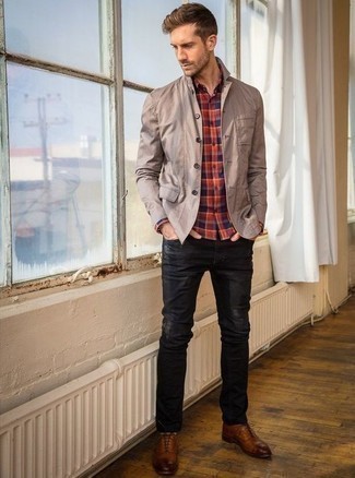 Men's Tan Shirt Jacket, Red and Navy Plaid Long Sleeve Shirt, Black Jeans, Brown Leather Oxford Shoes