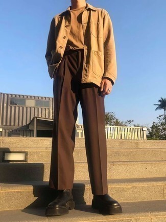 Tan Shirt Jacket Outfits For Men: A tan shirt jacket and brown chinos are absolute must-haves if you're planning a semi-casual wardrobe that holds to the highest style standards. With shoes, stick to a more elegant route with black leather chelsea boots.