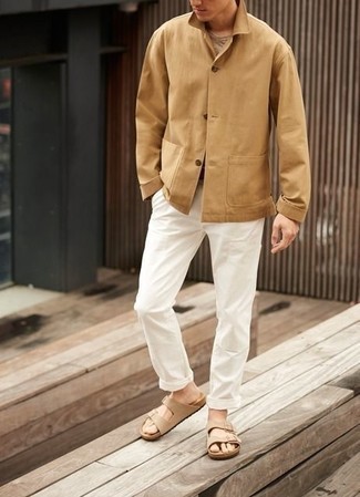 Tan Suede Sandals Outfits For Men: This combo of a tan shirt jacket and white chinos makes for the perfect base for an infinite number of effortlessly smart combos. Kick up your whole look by wearing tan suede sandals.