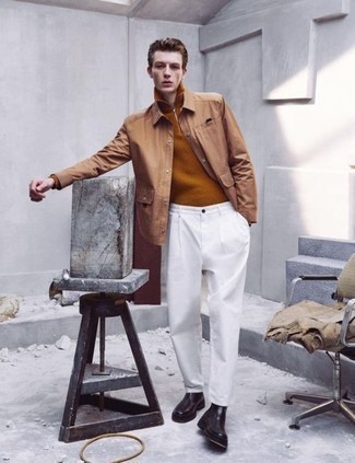 Brown Zip Neck Sweater Outfits For Men: You'll be amazed at how easy it is for any guy to put together this relaxed outfit. Just a brown zip neck sweater and white chinos. Bring a sleeker twist to this ensemble by finishing off with black leather chelsea boots.