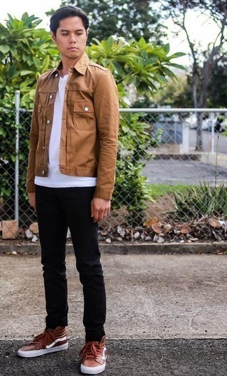 Brown Leather High Top Sneakers Outfits For Men: A tan shirt jacket and black chinos are totally worth adding to your list of bona fide menswear essentials. You could perhaps get a bit experimental on the shoe front and play down your look by finishing with brown leather high top sneakers.