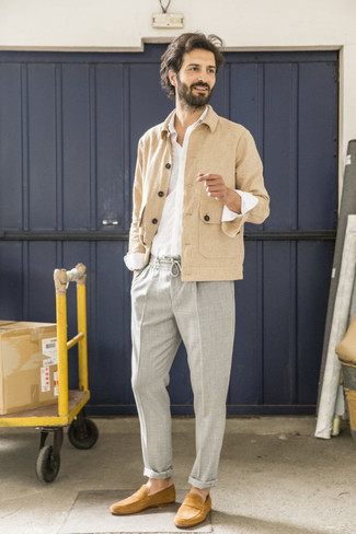 Tan Shirt Jacket Outfits For Men: For a casually smart outfit, make a tan shirt jacket and grey chinos your outfit choice — these pieces play really good together. Want to go all out on the shoe front? Complete your outfit with a pair of tan suede loafers.
