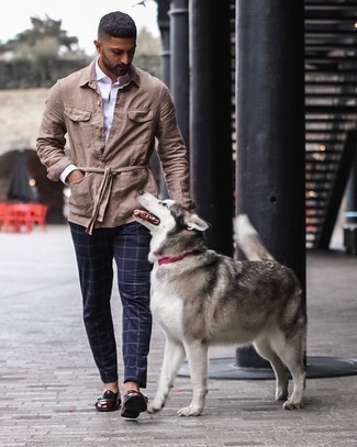 Burgundy Leather Double Monks Outfits: To assemble a casual outfit with a modern spin, you can dress in a tan linen shirt jacket and navy check chinos. And if you want to easily lift up this ensemble with one single piece, add a pair of burgundy leather double monks to the equation.