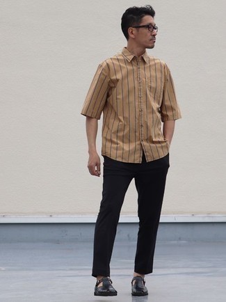 Men's Tan Vertical Striped Short Sleeve Shirt, Black Chinos, Black Leather Sandals, Clear Sunglasses