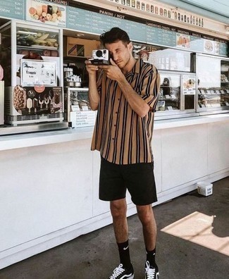 Brown And White Striped Short Sleeve Shirt