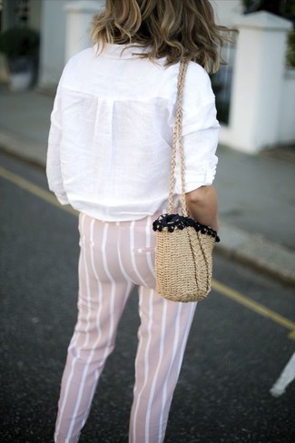 Women's Tan Straw Crossbody Bag, Beige Vertical Striped Skinny Pants, White Linen Dress Shirt
