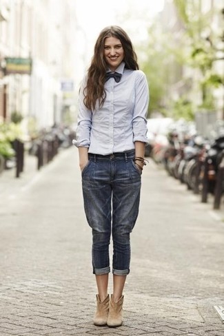 Women's Tan Suede Ankle Boots, Navy Boyfriend Jeans, Grey Dress Shirt