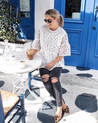 Women's Tan Leopard Suede Ballerina Shoes, Charcoal Ripped Skinny Jeans, White Lace Short Sleeve Blouse