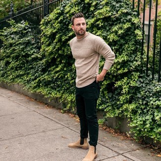 Tan Knit Crew-neck Sweater Outfits For Men: 