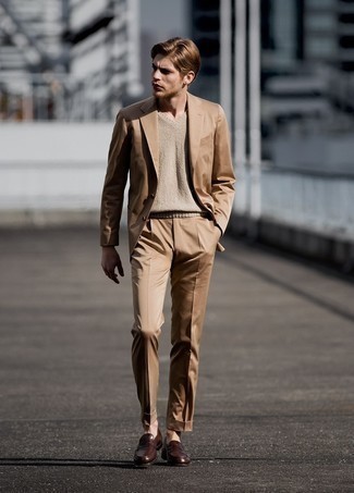 Men's Tan Suit, Beige Sweater Vest, Dark Brown Leather Loafers