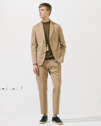 Beige Vertical Striped Suit Outfits: Marrying a beige vertical striped suit and a brown turtleneck is a fail-safe way to infuse personality into your styling repertoire. Take a more laid-back approach with shoes and add a pair of black leather desert boots to the mix.