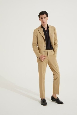 Tobacco Polo Outfits For Men: Kick up your styling game in a tobacco polo and a tan suit. Let your sartorial savvy really shine by rounding off your getup with black leather loafers.