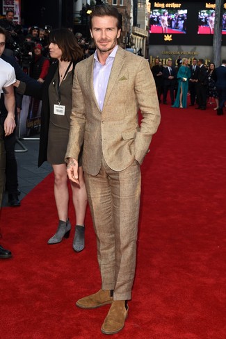 David Beckham wearing Tan Check Suit, Light Violet Dress Shirt, Tan Suede Chelsea Boots, Olive Pocket Square