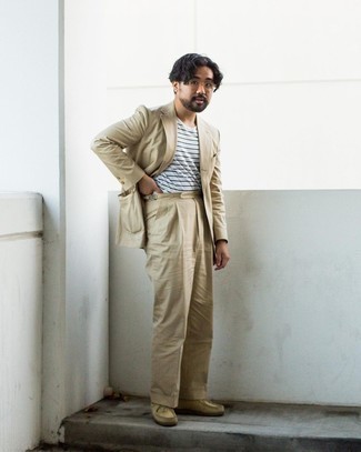 Men's Tan Suit, White and Green Horizontal Striped Crew-neck T-shirt, Beige Suede Desert Boots, Clear Sunglasses