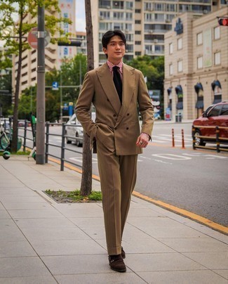 Dark Brown Suede Double Monks Outfits: This pairing of a tan vertical striped suit and a white and red vertical striped dress shirt is incredibly dapper and creates instant appeal. This getup is rounded off really well with dark brown suede double monks.