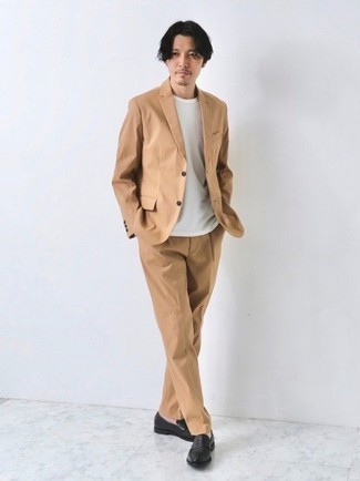 Tan Suit Outfits: Channel your inner fashionisto and wear a tan suit and a white crew-neck t-shirt. Balance this ensemble with a more polished kind of footwear, like this pair of black leather loafers.