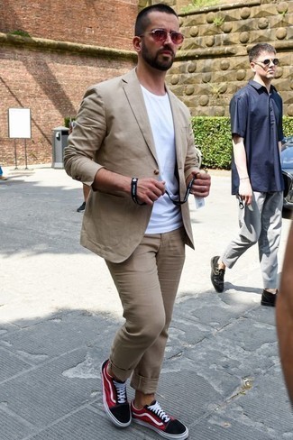 Men's Tan Suit, White Crew-neck T-shirt, Red and Navy Canvas Low Top Sneakers, Red Sunglasses