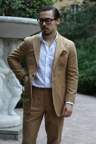 Men's Tan Suit, White Long Sleeve Shirt, Multi colored Print Pocket Square