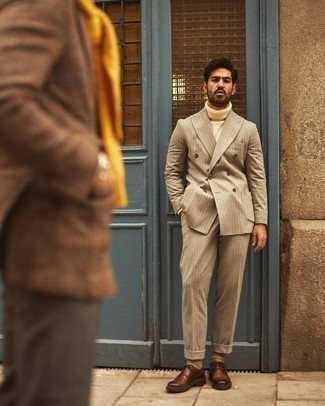 Yellow Knit Turtleneck Outfits For Men: A yellow knit turtleneck and a tan vertical striped suit worn together are a match made in heaven. To give your overall outfit a dressier aesthetic, why not add brown leather derby shoes to your ensemble?