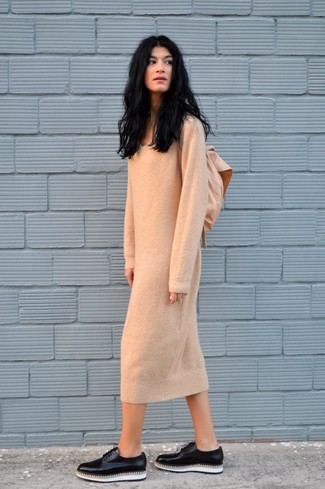 Tan Sweater Dress Outfits: For To don an off-duty outfit with a twist, you can opt for a tan sweater dress. A pair of black chunky leather oxford shoes looks incredible complementing your look.