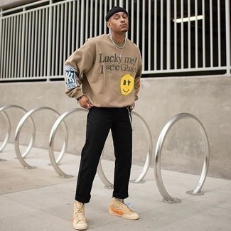 Beige Sweatshirt Outfits For Men: This is solid proof that a beige sweatshirt and black chinos look awesome when married together in a casual menswear style. For something more on the casual side to round off your ensemble, introduce a pair of beige print canvas high top sneakers to this look.